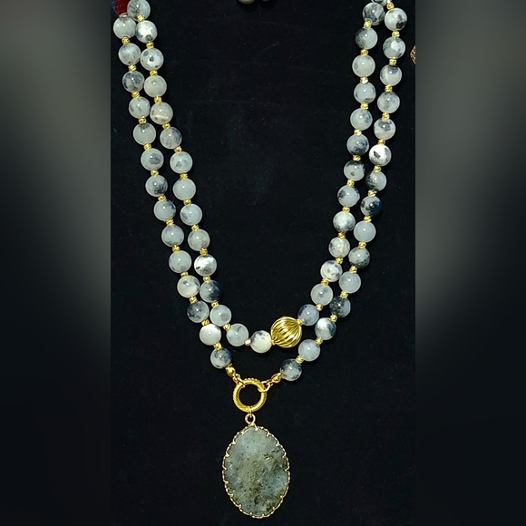 Hand Crafted Jewelry - Beaded gemstone necklace featuring an oval pendant